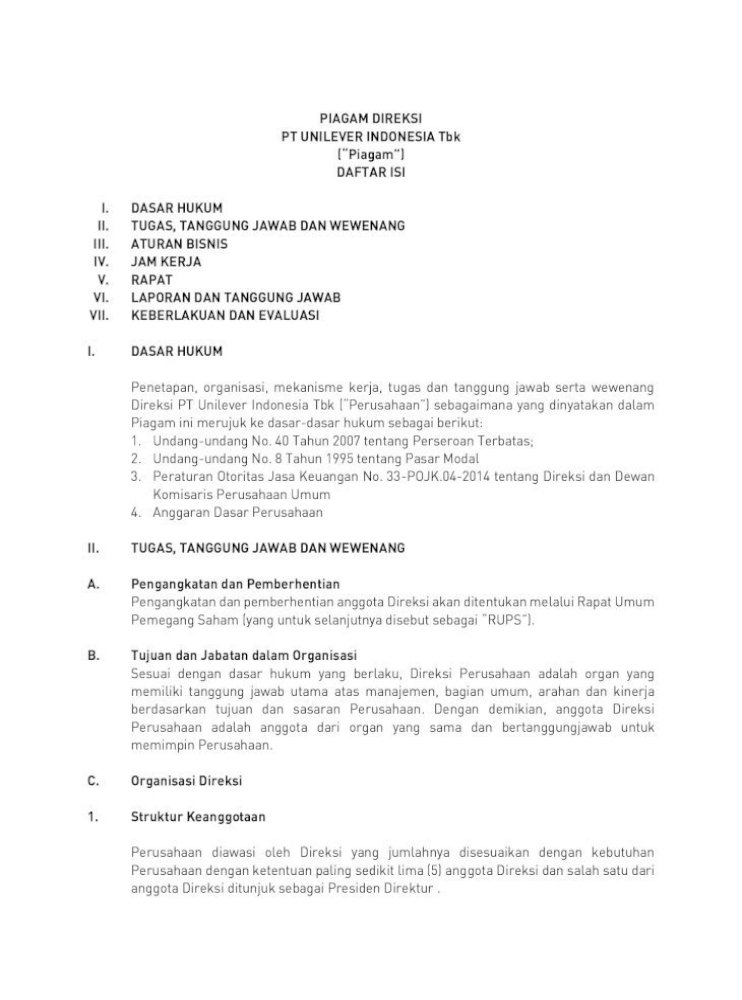 Piagam Direksi Pt Unilever Indonesia Tbk Piagam Undang Undang No 8 Tahun 1995 Tentang Pasar Pdf Document